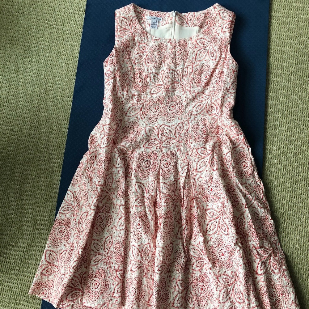 Sleeveless A-line shift dress, slight flare skirt.